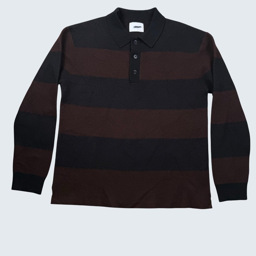 NN. 07 Sweater Mens L Brown Stripe Rugby Polo 100% Wool Knit Pullover Collared